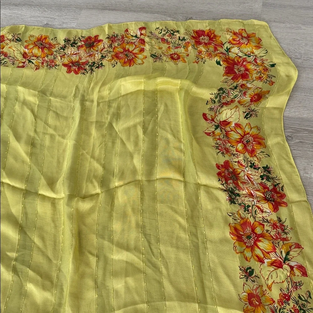 Vintage April Cornell Floral Scarf Lime Green Flower Border 40x40 Large